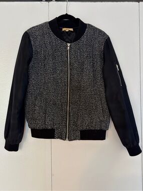 Honey Punch Tweed Colorblock Bomber Jacket Black Grey Satin Sleeves Size M